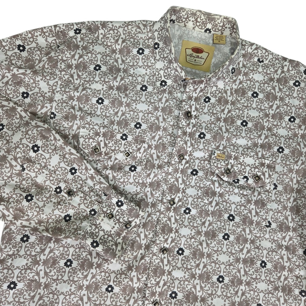 Vtg Larry Mahan Western Diamond Pearl Snap Shirt Men XL White Brown Scroll Print